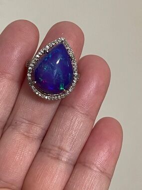 Certified Teardrop 6.73ct Natural Blue Opal & 0.36ct Diamond S925 Size 7 Ring
